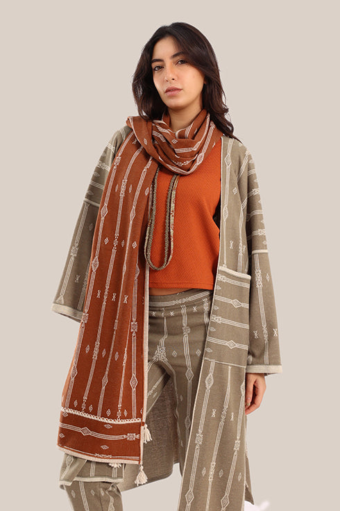 Embroidered striped shawl with tassels